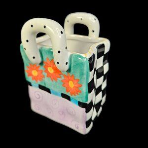 Milson‎ and Louis Hand Painted Flower Purse Bag Whimsical Planter Vase Ceramic
